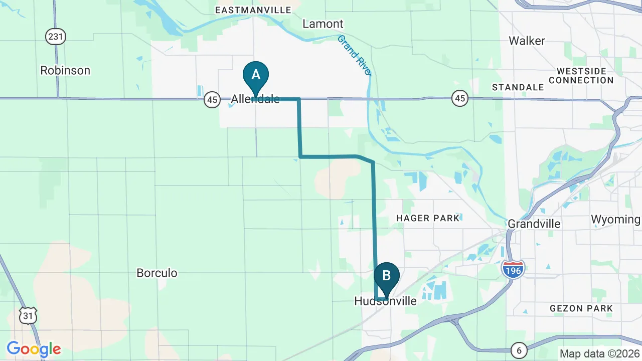 Driving directions map from Allendale, MI to Carroll Chiropractic in Westminster
