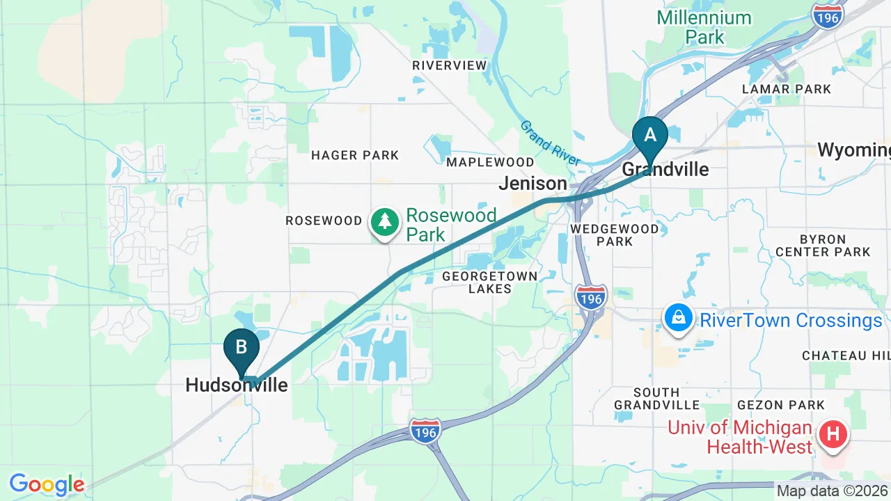 Driving directions map from Grandville, MI to Carroll Chiropractic in Westminster