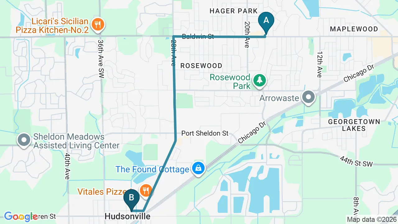 Driving directions map from Jenison, MI to Carroll Chiropractic in Westminster