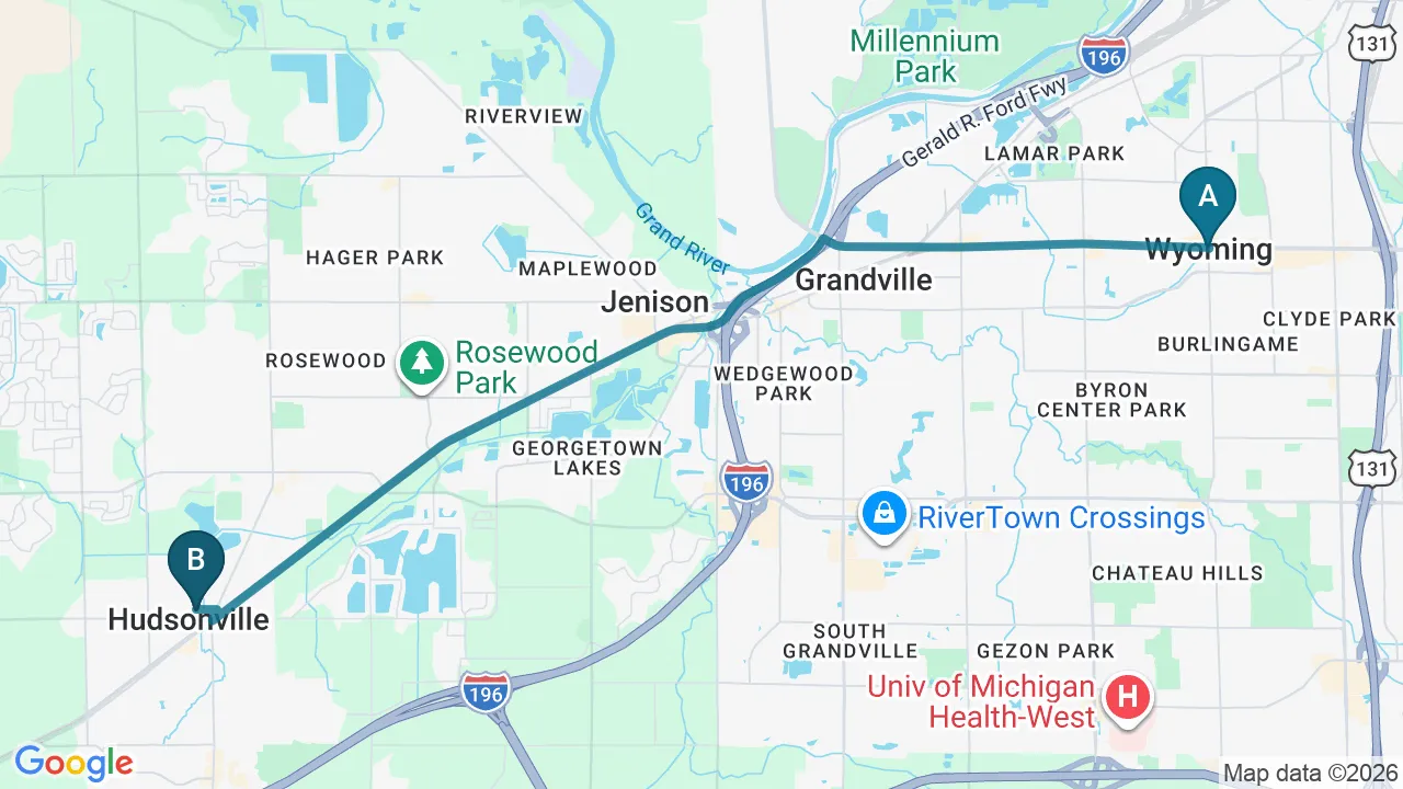 Driving directions map from Wyoming, MI to Carroll Chiropractic in Westminster