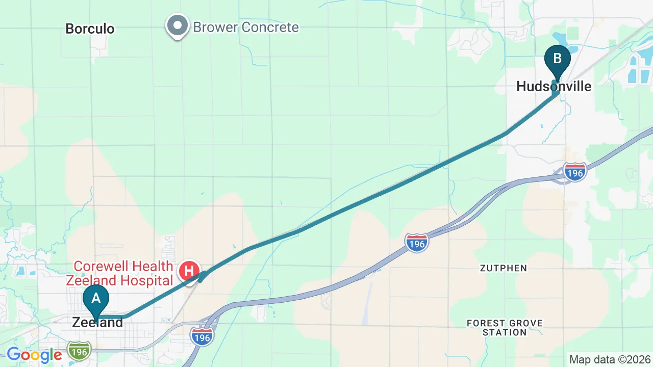 Driving directions map from Zeeland, MI to Carroll Chiropractic in Westminster